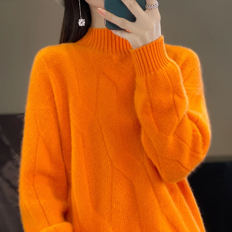 Thickened Women's Clothes 100% Merino Wool Mock Neck Cable Sweater Thick Long-sleeved Sweater Autumn/Winter Solid Color Sweater