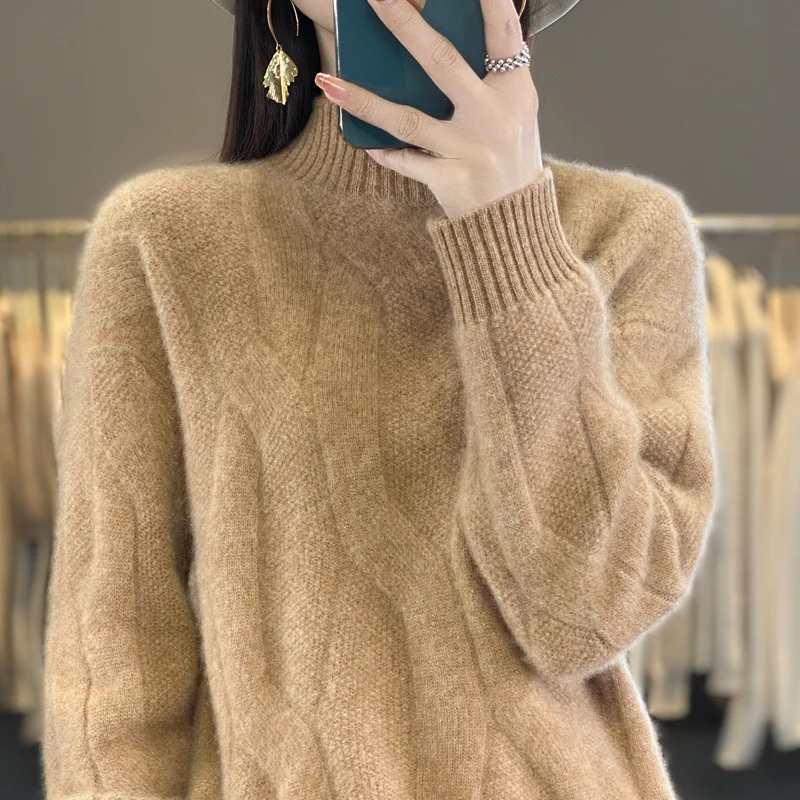 Thickened Women's Clothes 100% Merino Wool Mock Neck Cable Sweater Thick Long-sleeved Sweater Autumn/Winter Solid Color Sweater - Image 3