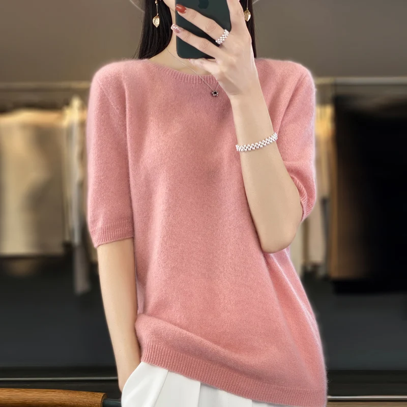100% Merino wool women's O neck knitted T-shirt Korean pullover short sleeve sweater women's basic solid color half sleeve women - Image 5