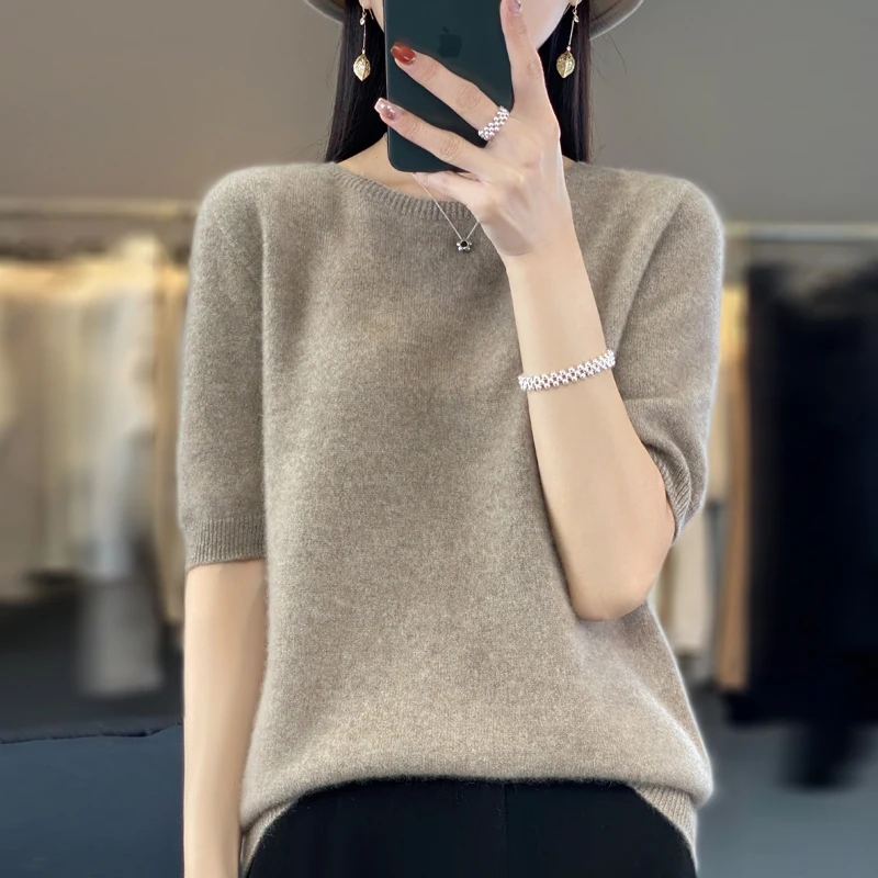 100% Merino wool women's O neck knitted T-shirt Korean pullover short sleeve sweater women's basic solid color half sleeve women - Image 4