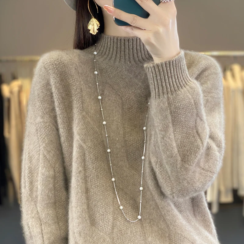 Thickened Women's Clothes 100% Merino Wool Mock Neck Cable Sweater Thick Long-sleeved Sweater Autumn/Winter Solid Color Sweater - Image 2