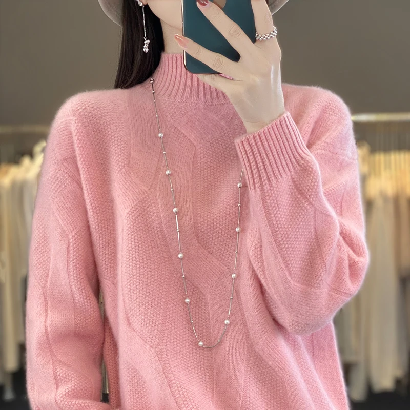 Thickened Women's Clothes 100% Merino Wool Mock Neck Cable Sweater Thick Long-sleeved Sweater Autumn/Winter Solid Color Sweater - Image 5