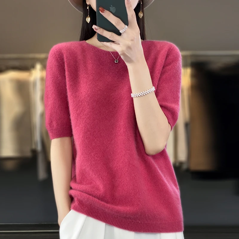 100% Merino wool women's O neck knitted T-shirt Korean pullover short sleeve sweater women's basic solid color half sleeve women - Image 2