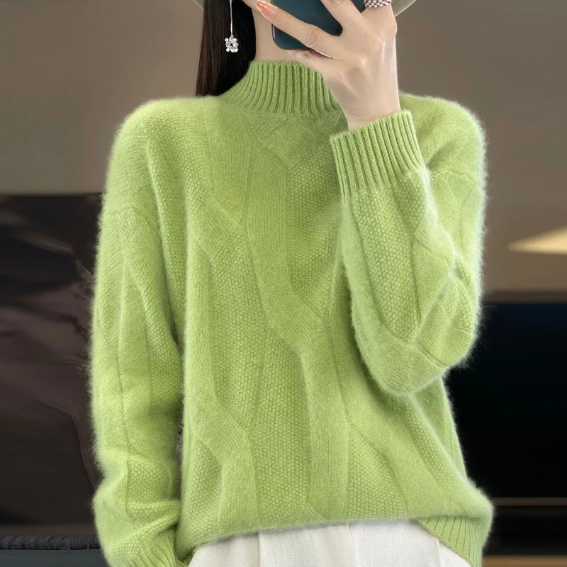 Thickened Women's Clothes 100% Merino Wool Mock Neck Cable Sweater Thick Long-sleeved Sweater Autumn/Winter Solid Color Sweater - Image 6