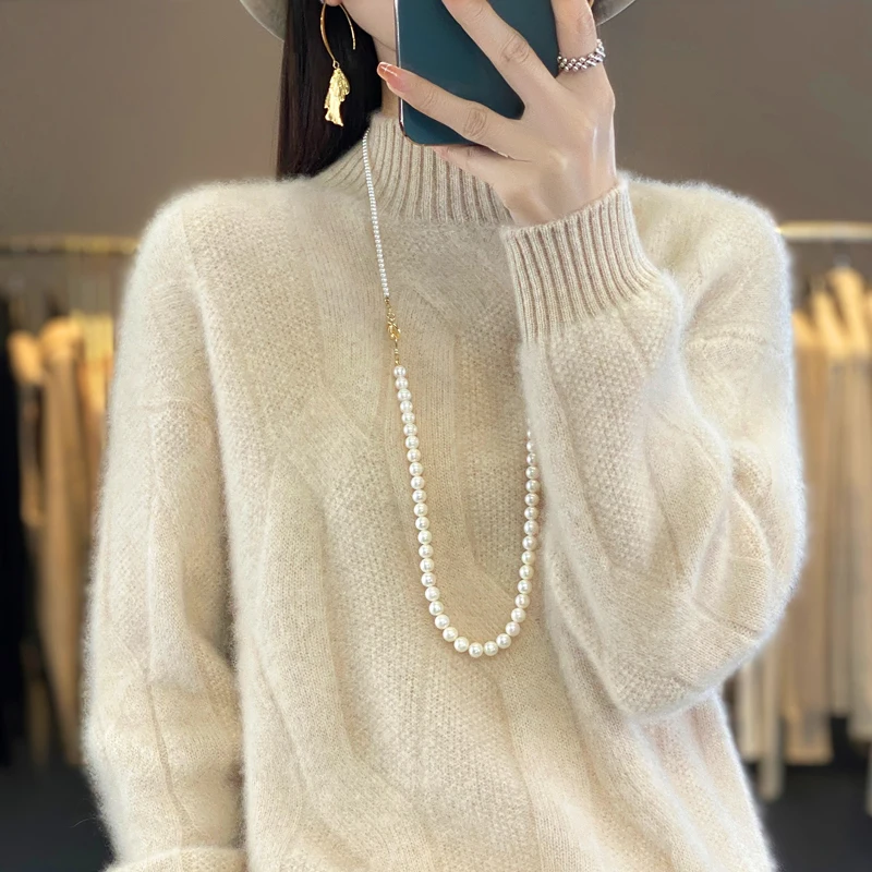 Thickened Women's Clothes 100% Merino Wool Mock Neck Cable Sweater Thick Long-sleeved Sweater Autumn/Winter Solid Color Sweater - Image 4